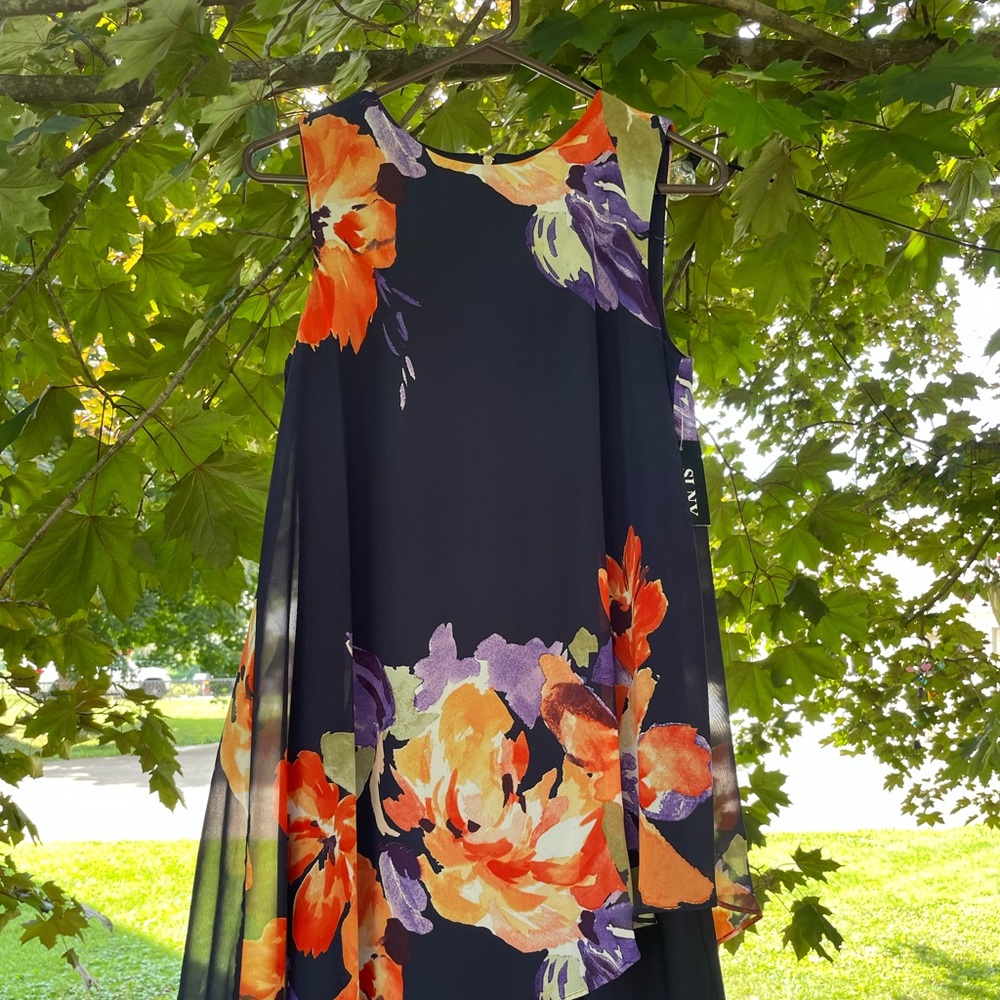 SLNY Boat Neck a-line dress with asymmetrical chiffon overlay, size 6